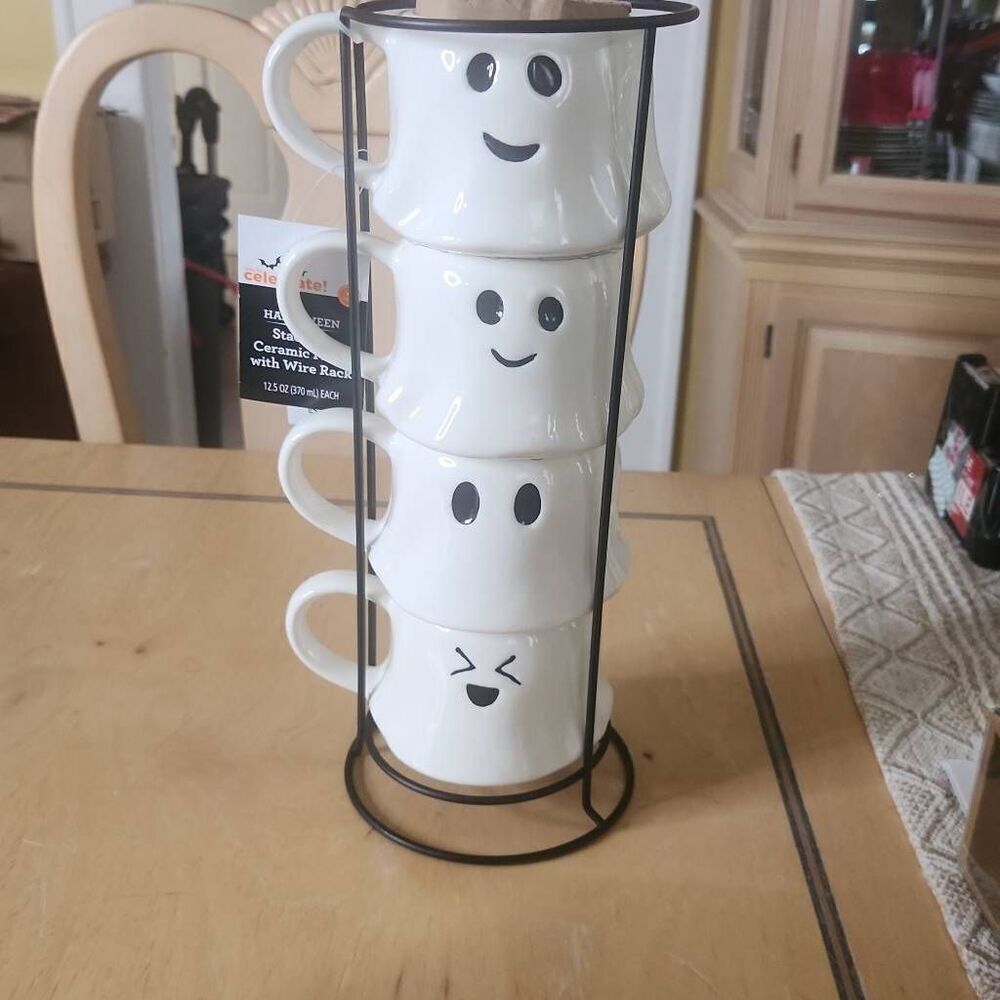Halloween white ghosts stackable mugs Set of 4 with rack